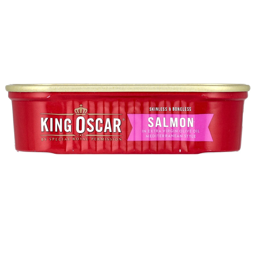 King Oscar, лосось без кожи и костей, в нерафинированном оливковом масле высшего качества, средиземноморский, 115 г (4,05 унции)