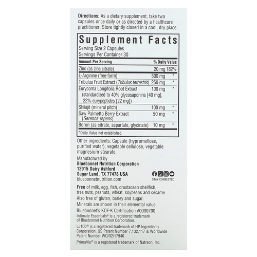 Bluebonnet Nutrition, Intimate Essentials, для него, повышение тестостерона и либидо, 60 вегетарианских капсул
