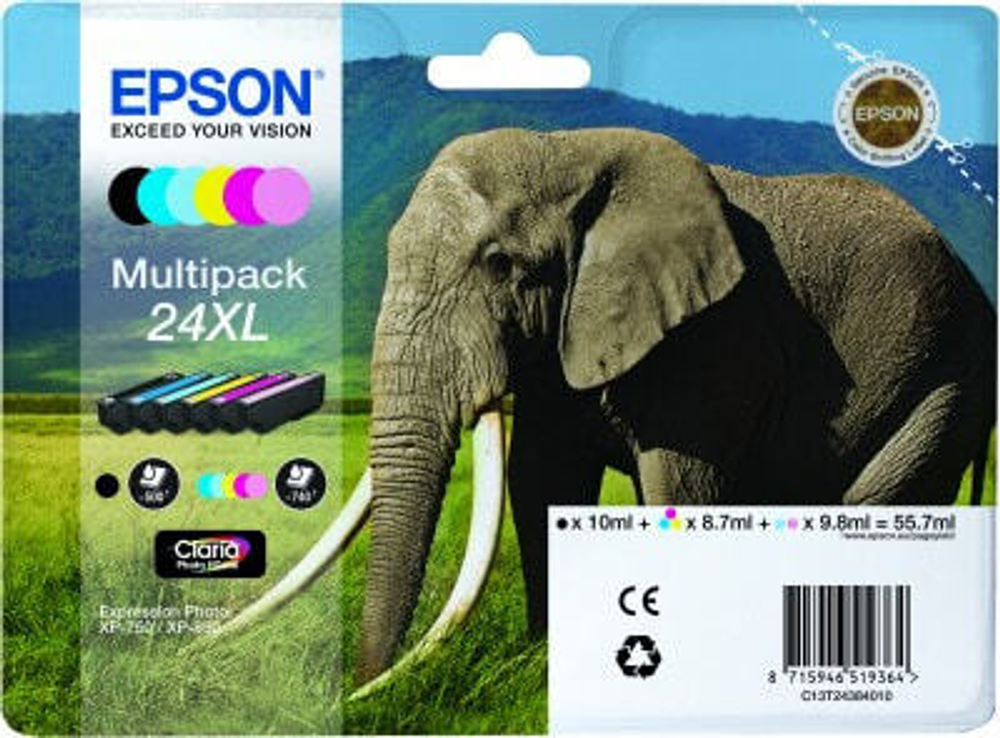 Epson Elephant C13T24384010 струйный картридж Подлинный Черный, Голубой, Светло-голубой, Светлая маджента, Пурпурный, Желтый 1 шт