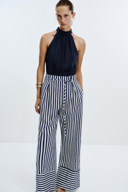 ZARA ДЛИННЫЙ КОМБИНЕЗОН ИЗ ЛЬНА, СИНИЙ/БЕЛЫЙ