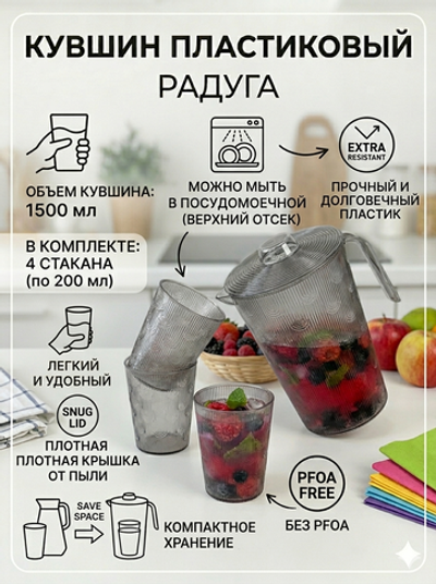 Кувшин пластиковый 1.5л «Радуга» в наборе с 4-мя стаканами 200мл