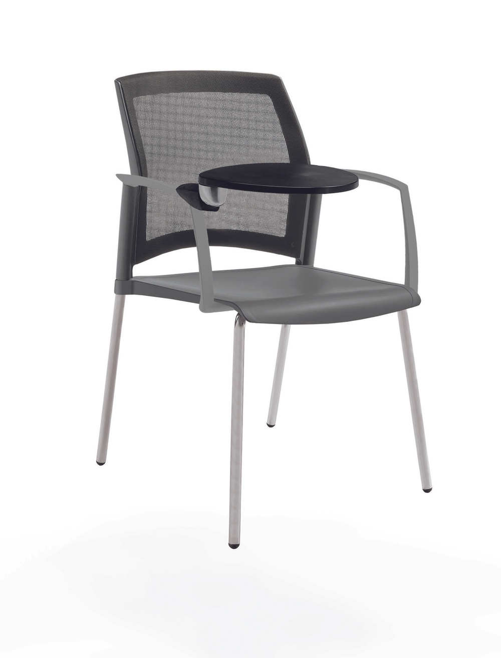 стул Rewind на 4 ногах, каркас серыйй, пластик серый, спинка-сетка, с закрытыми подлокотниками и пюпитром