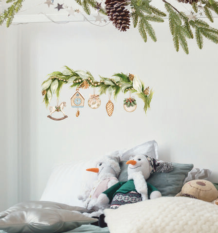 Новогодние наклейки для окон, стен и мебели ВЕТОЧКА С ИГРУШКАМИ сет 2