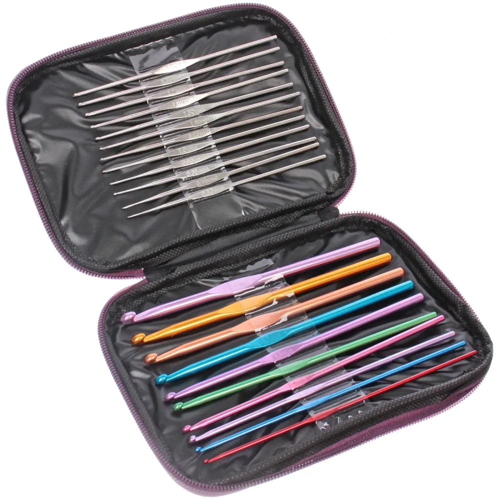 Крючки вязальные металлически в футляре 22шт «Favorite Hous», цвет как на фото, от 0,65мм до 6,5мм 22шт (футляр фиолетового цвета)