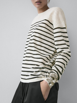 Massimo Dutti Футболка из смесового хлопка в полоску с длинными рукавами, натуральный/кремовый