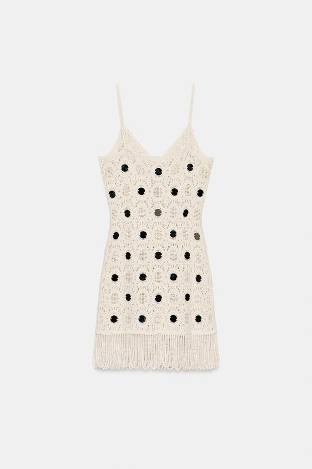 ZARA ТРИКОТАЖНОЕ ПЛАТЬЕ С ЗЕРКАЛЬНЫМИ ДЕТАЛЯМИ И БАХРОМОЙ, ЭКРЮ