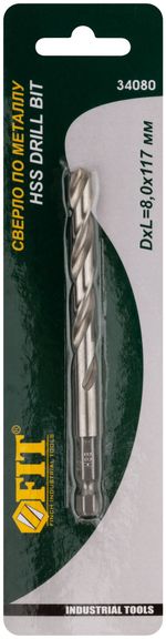 Сверло hss по металлу, u-хвостовик под биту, 8 х 117 мм, FIT, 34080
