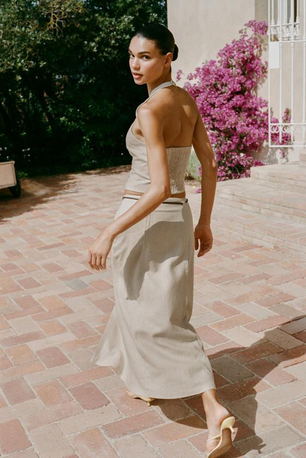 ZARA ЮБКА-МИДИ С РЕМНЕМ И ЛЬНОМ, ПЕСОЧНЫЙ