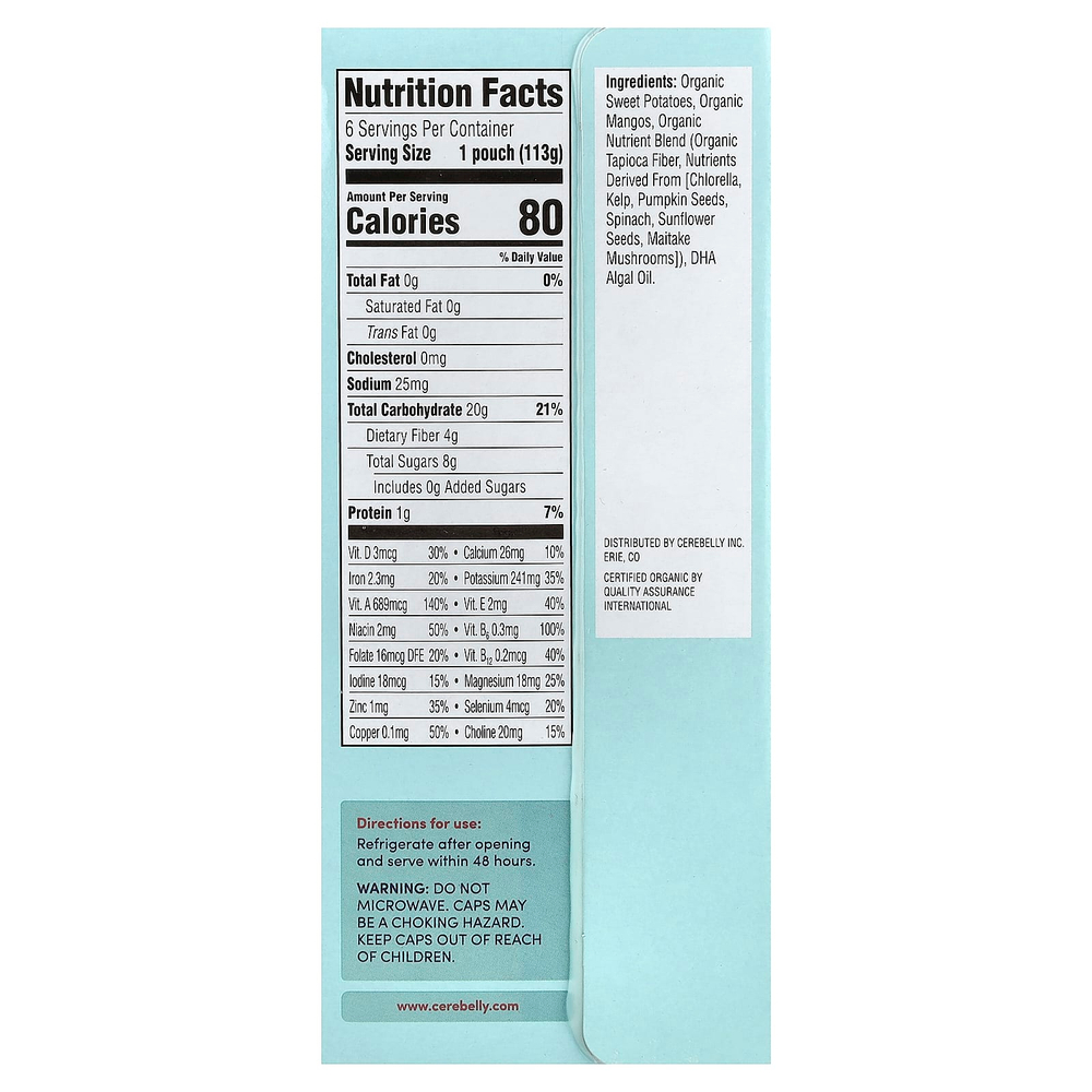 Cerebelly, органическое пюре, для детей от 6 месяцев, батат и манго, 6 пакетиков по 113 г (4 унции)