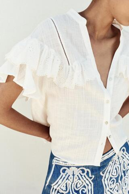 ZARA БЛУЗА С КОРОТКИМИ РУКАВАМИ И ВОЛАНАМИ, БЕЛЫЙ