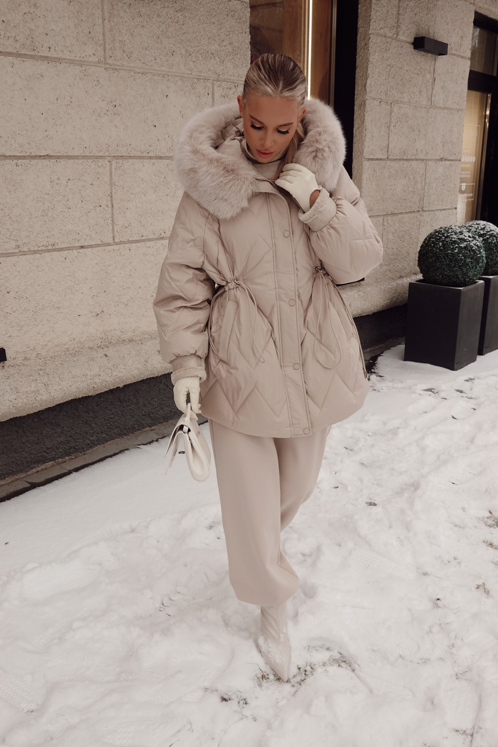 Пуховик комбинированный с элементами дубленки