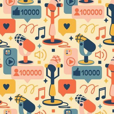 Ретро микрофон, смартфон и всё для аудио подкастов и креаторов