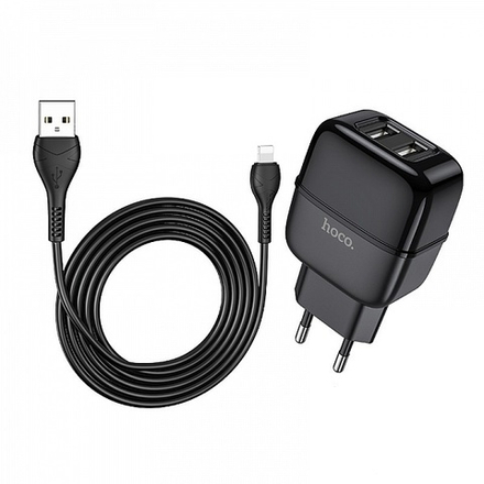 Сетевое зарядное устройство с кабелем iOS Lightning 2.4A 2-USB Hoco C77A Черный