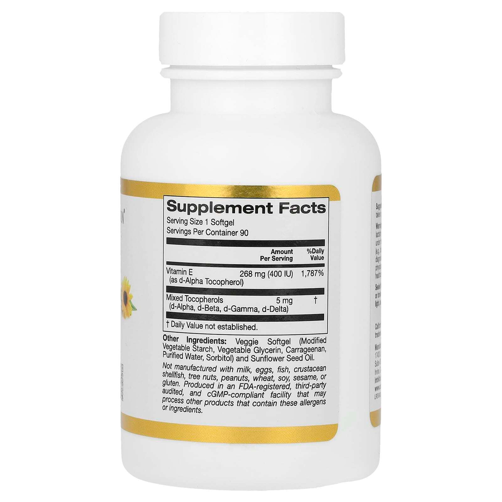 California Gold Nutrition, витамин E из подсолнечника со смешанными токоферолами, 400 МЕ, 90 растительных капсул