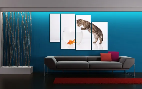 Модульная картина "Кот и золотая рыбка"