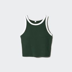 UNIQLO УКОРОЧЕННЫЙ ТОП-БЮСТГАЛЬТЕР БЕЗ РУКАВОВ В РУБЧИК, ТЕМНО-ЗЕЛЕНЫЙ