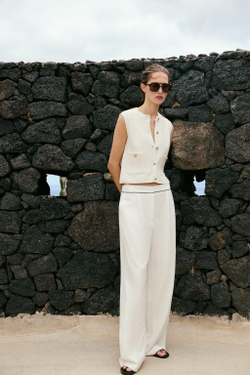 ZARA ОДНОТОННЫЙ ТРИКОТАЖНЫЙ ЖИЛЕТ БЕЗ РУКАВОВ, БЕЛЫЙ