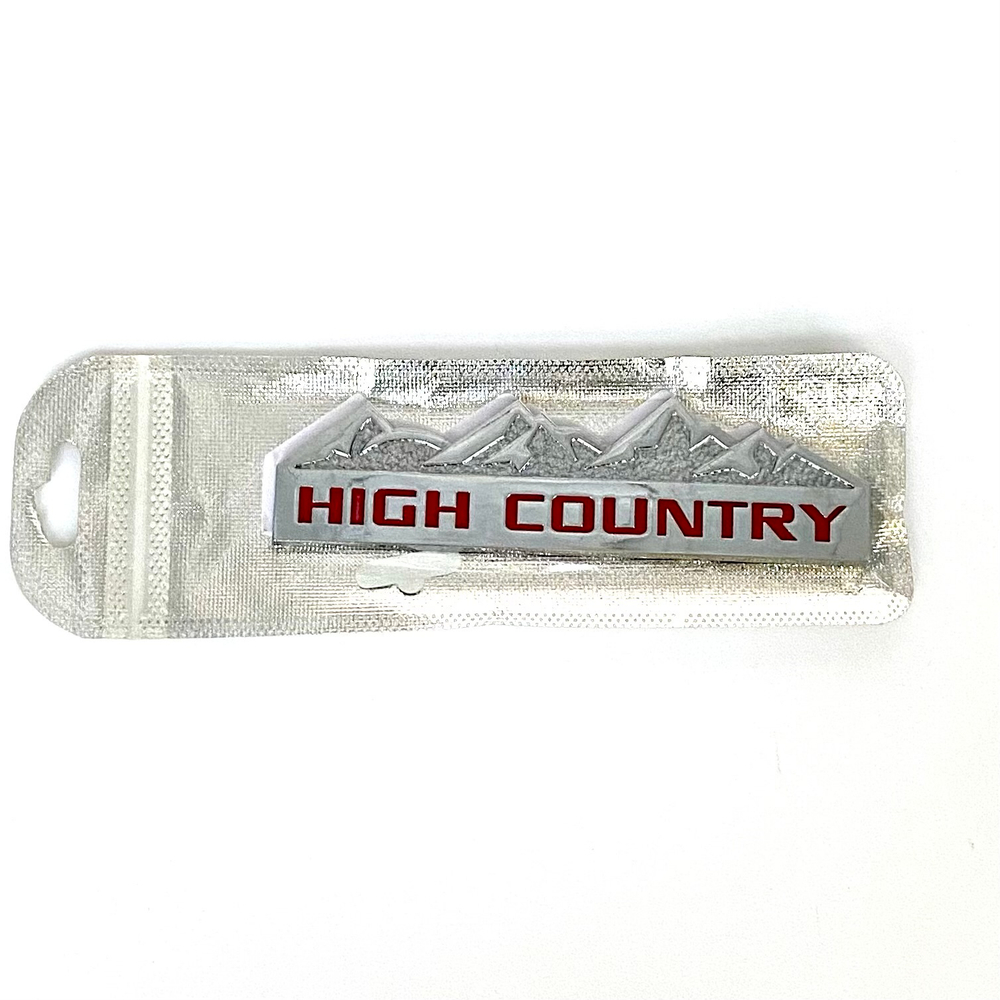 Накладки/наклейки High Country объемные ("Горная страна" 12,5х3,5см). Серебристый с красной надписью