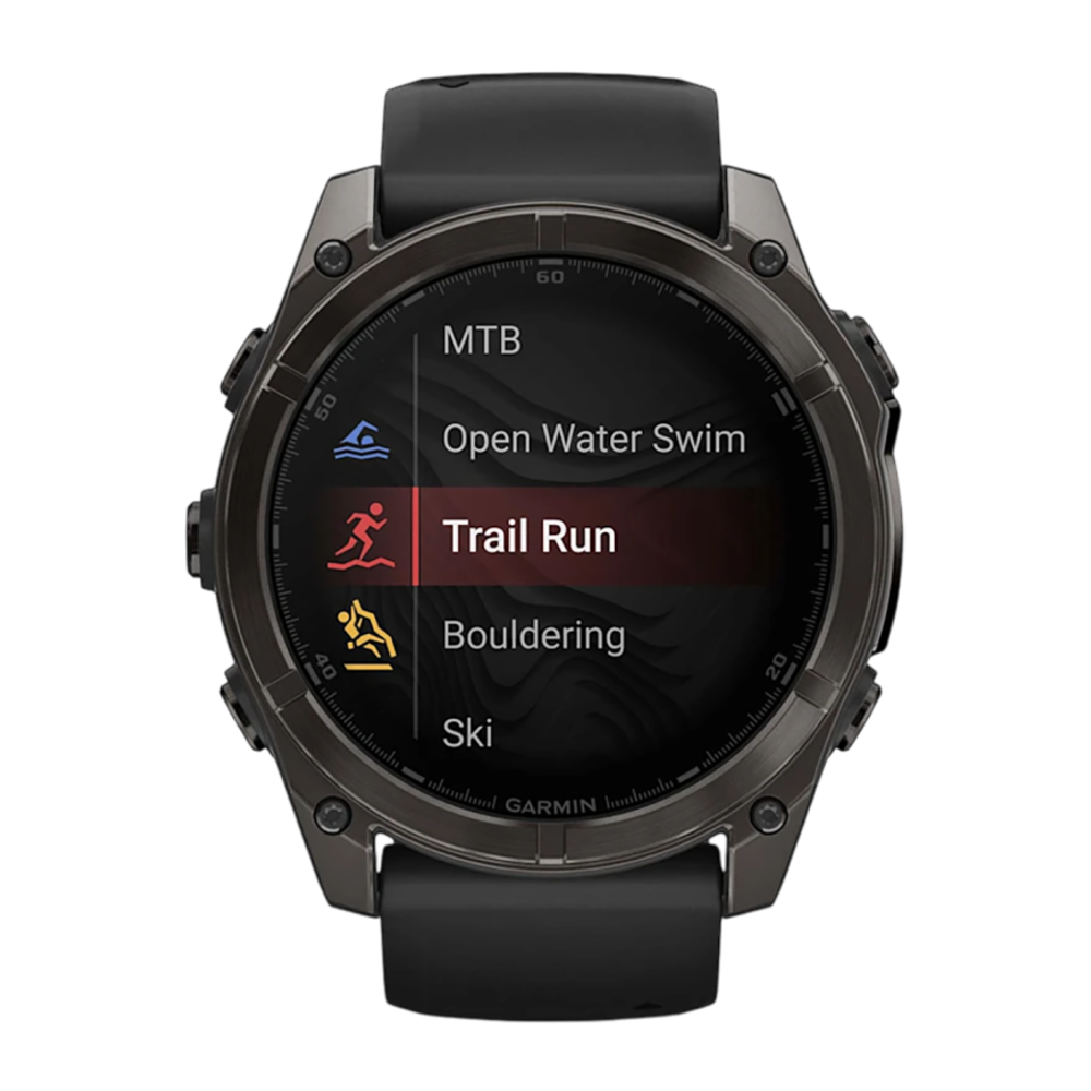 Спортивные часы Garmin fenix 8, 51 мм, AMOLED, титан с DLC, сапфир, силиконовый ремешок цвета чёрный/«серая галька» Тёмно-серый безель из титана с DLC-покрытием, AMOLED-дисплей. Ремешок с классической застёжкой — на запястье обхватом 127–210 мм
