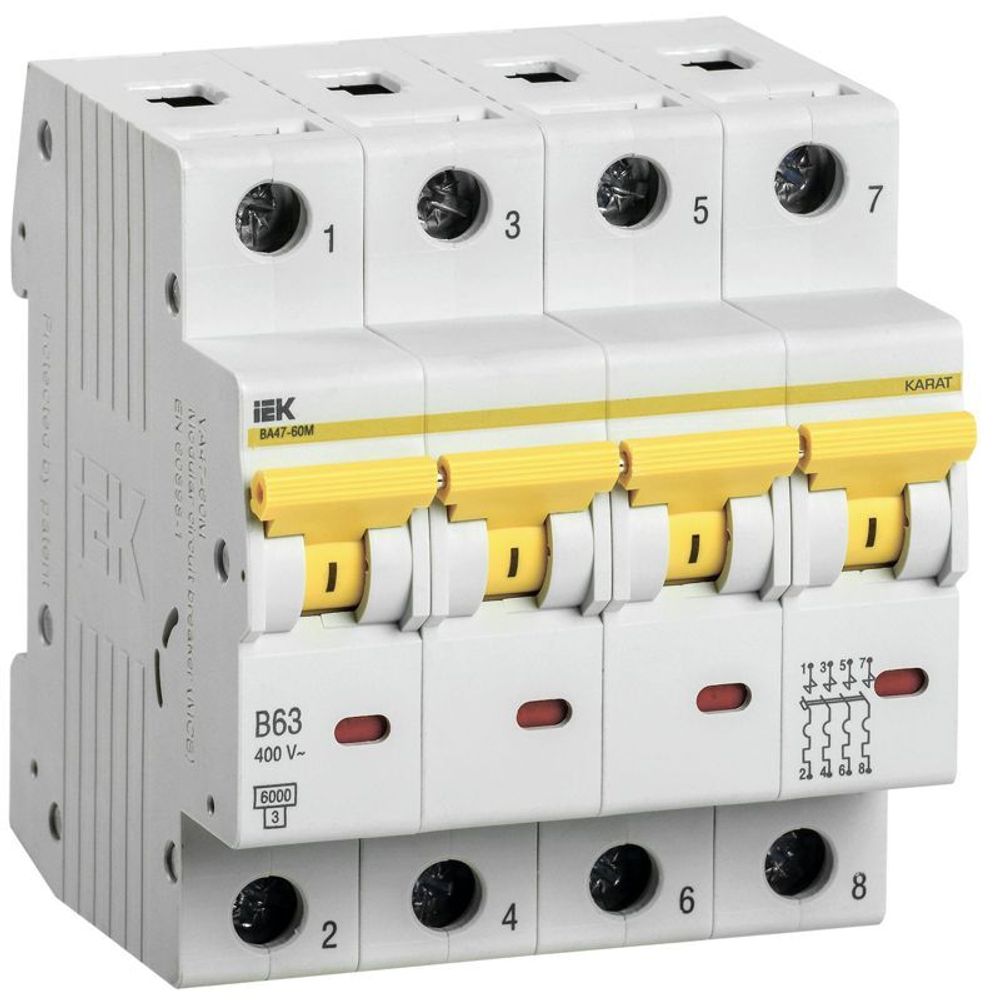 Выключатель автоматический модульный 4п B 63А 6кА ВА47-60M KARAT IEK MVA31-4-063-B Выключатель автоматический модульный 4п B 63А 6кА ВА47-60M KARAT IEK MVA31-4-063-B