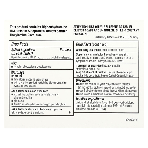 Unisom, SleepMelts, ночное средство для сна, вишня, 25 мг, 24 таблетки (15 мг в каждой таблетке)