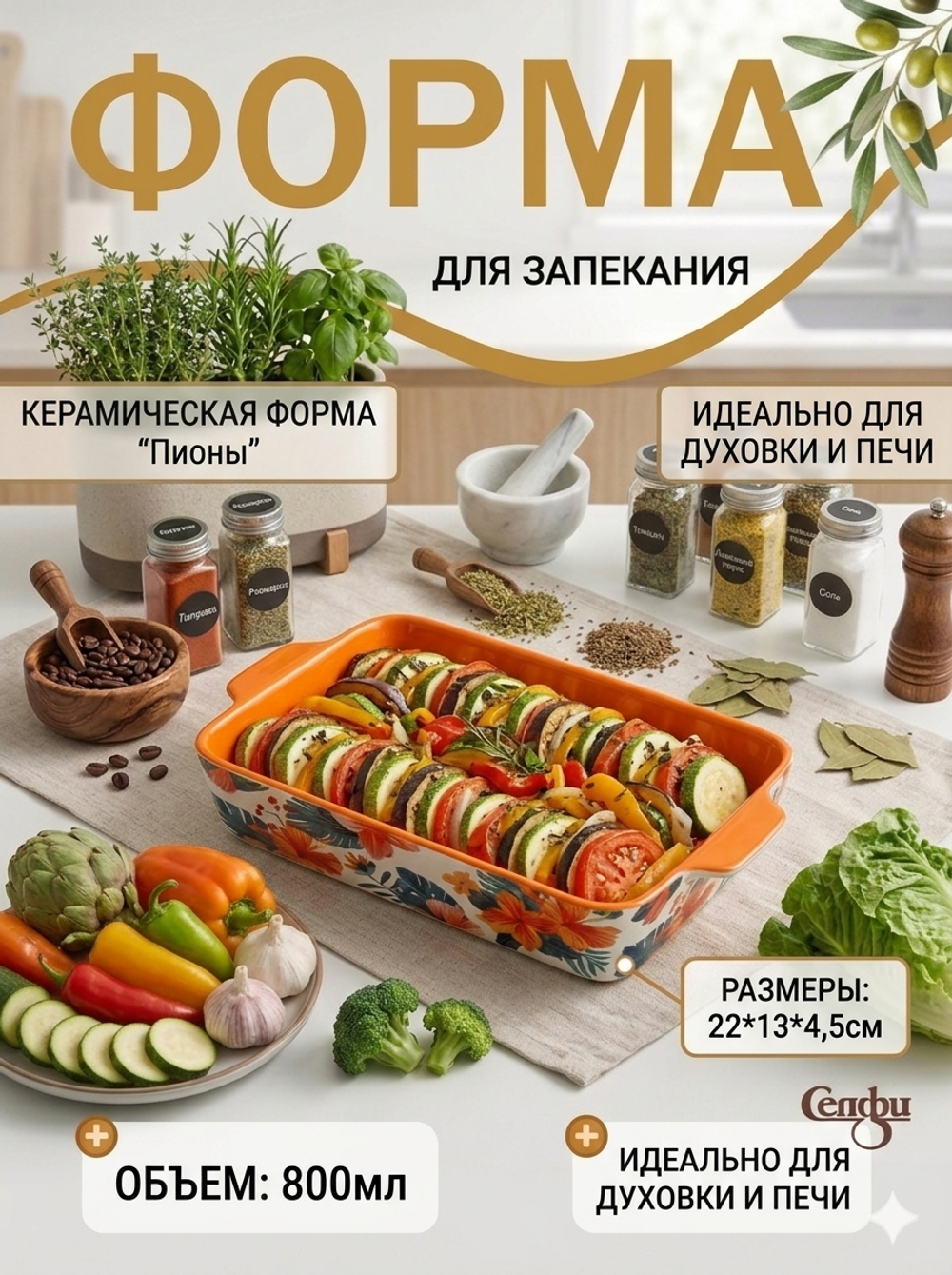 Форма керамическая для запекания «Пионы» 0,8л 22*13*4,5см