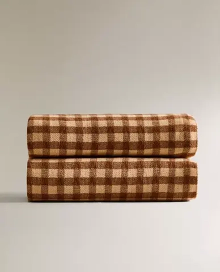 ZARA HOME ФЛИСОВЫЙ ПЛЕД В КЛЕТКУ, КОРИЧНЕВЫЙ