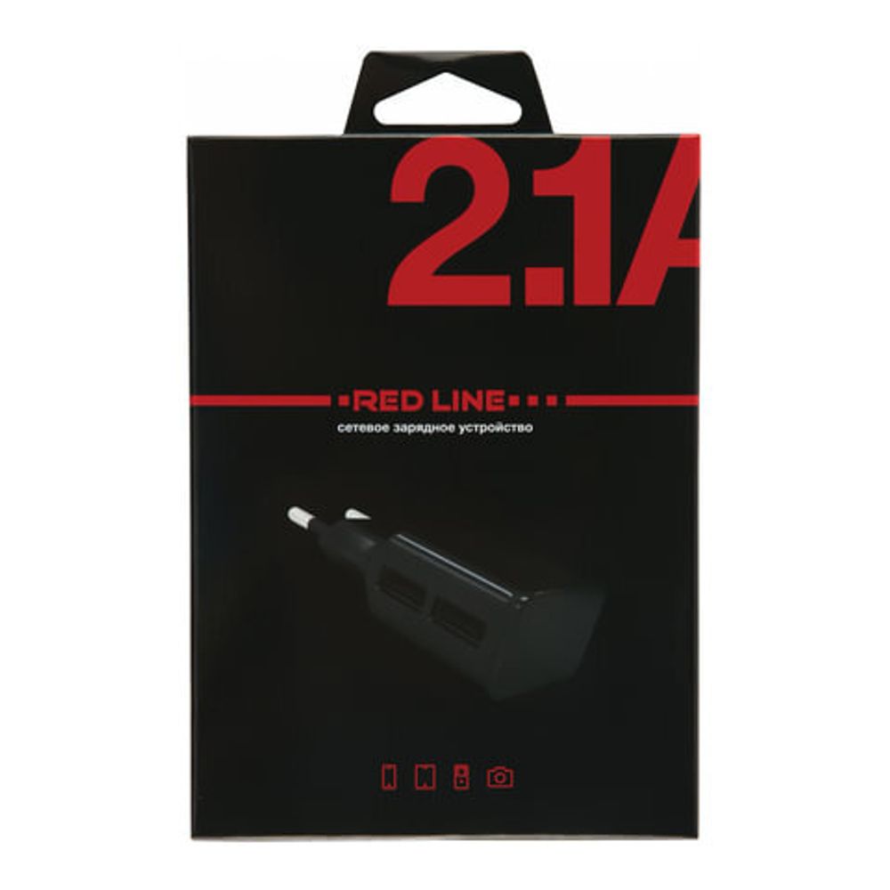 Зарядное устройство сетевое (220 В), RED LINE NT-2A, кабель microUSB 1 м, 2 порта USB, выходной ток 2,1 А, черное, УТ000013638