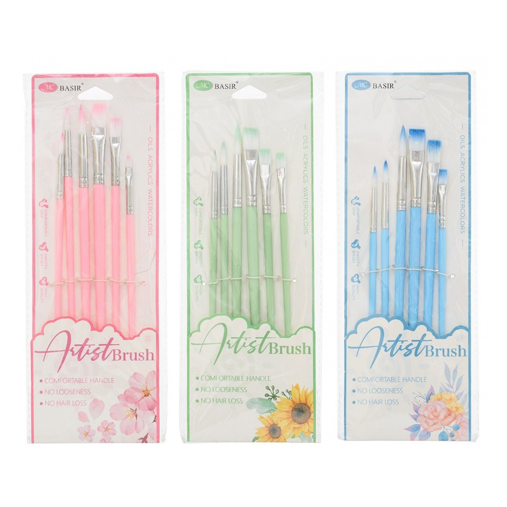Кисть для рисования Basir художественная, нейлон, круглые и плоские, № 2,4,6,8,10,12, набор из 6 шт