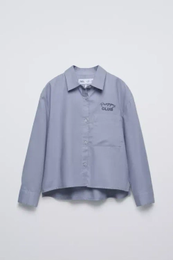 ZARA РУБАШКА С КАРМАНОМ С ВЫШИВКОЙ, СИНЕВАТЫЙ