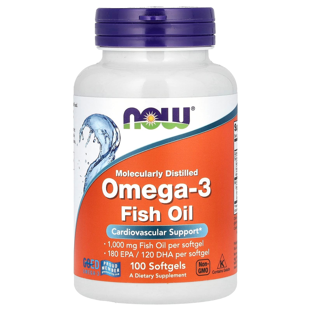 NOW Foods, рыбий жир с омега-3, 1000 мг, 180 ЭПК, 120 ДГК, 100 капсул
