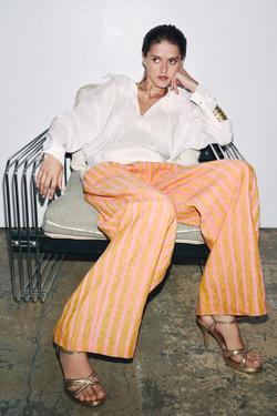 ZARA РУБАШКА ИЗ СМЕСОВОГО ЛЬНА И ШЕЛКА — ZW COLLECTION, ЖЕЛТОВАТО-БЕЛЫЙ