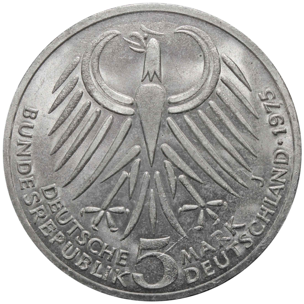 5 марок. 50 лет со дня смерти Фридриха Эберта. Германия. (J). Серебро. 1975 год. AU