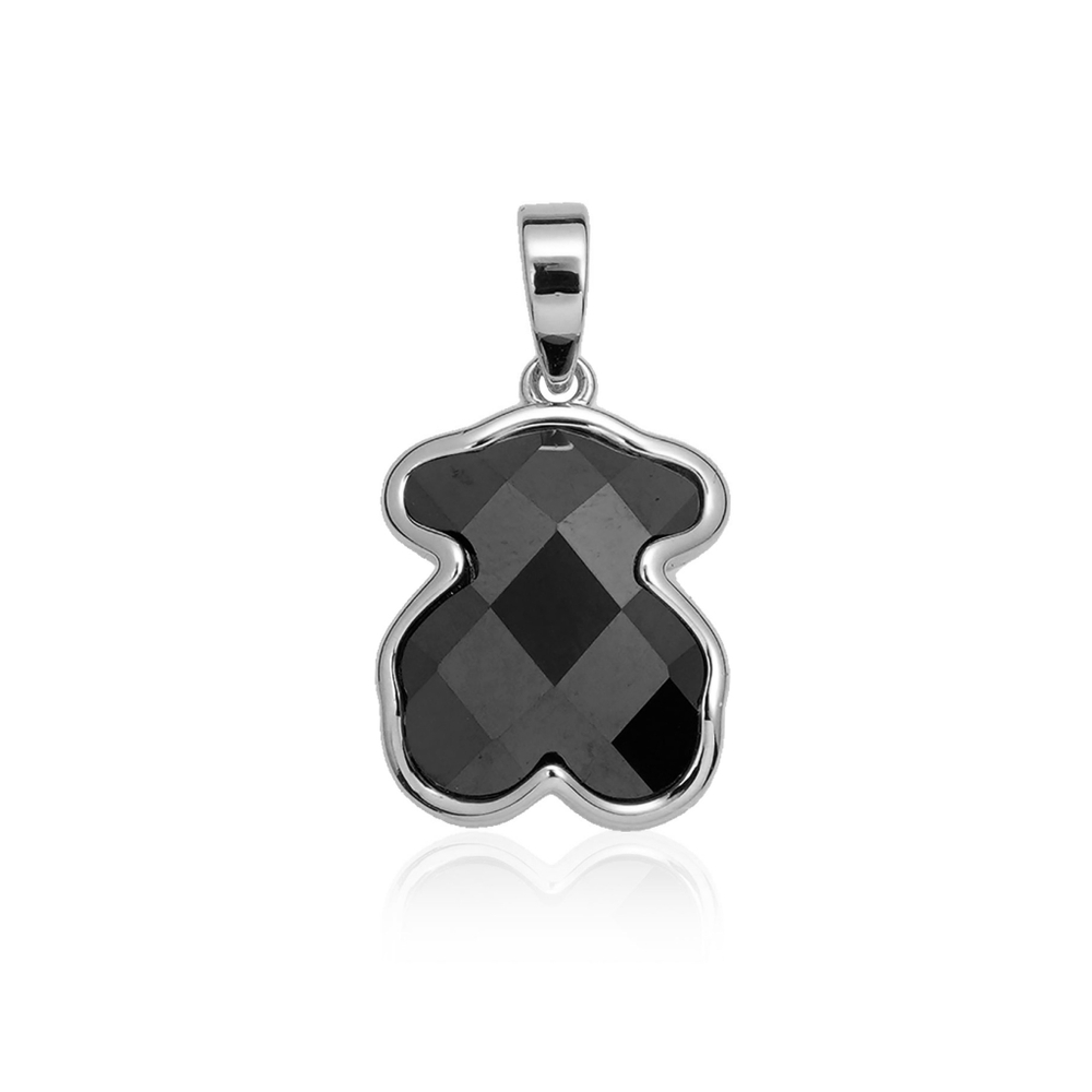 Латунная цепочка с Подвеской "Мишка из чёрной керамики", silver