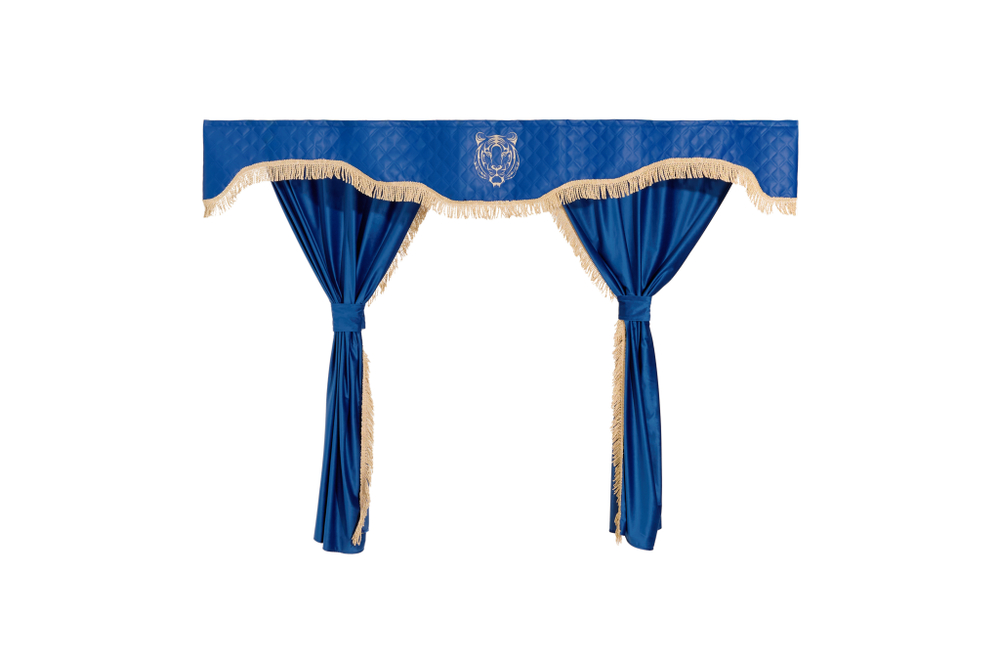 Шторы спального места с прихватами в кабину грузовика. Ламбрекен из экокожи с вышивкой Тигр и прихватами. Высота 1,5м, ширина одной стороны - 1,15м. Блэкаут, велюр. Синий цвет с бежевой бахромой