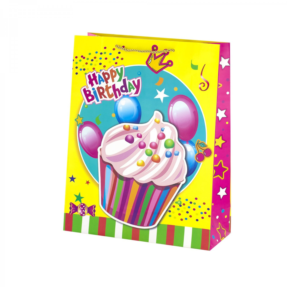 Пакет подарочный бумажный Alingar, (L+) 26х32х10 см, вертикальный, "С днем рождения", матов. ламинация, ассорти