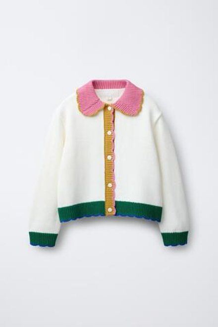 ZARA КОНТРАСТНЫЙ ВЯЗАНЫЙ КАРДИГАН, ЭКРЮ