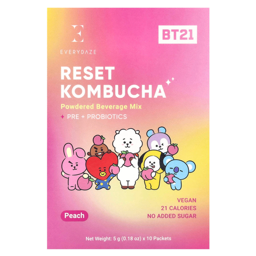 Everydaze, Reset Kombucha, порошковая смесь для напитков, персик, 10 пакетиков по 5 г (0,18 унции)