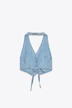 ZARA ДЖИНСОВЫЙ ТОП-ЖИЛЕТ TRF, ГОЛУБОЙ