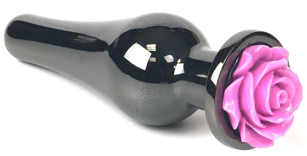 Черная удлиненная анальная пробка с фиолетовой розой - 12,5 см. (Цвет: фиолетовый)