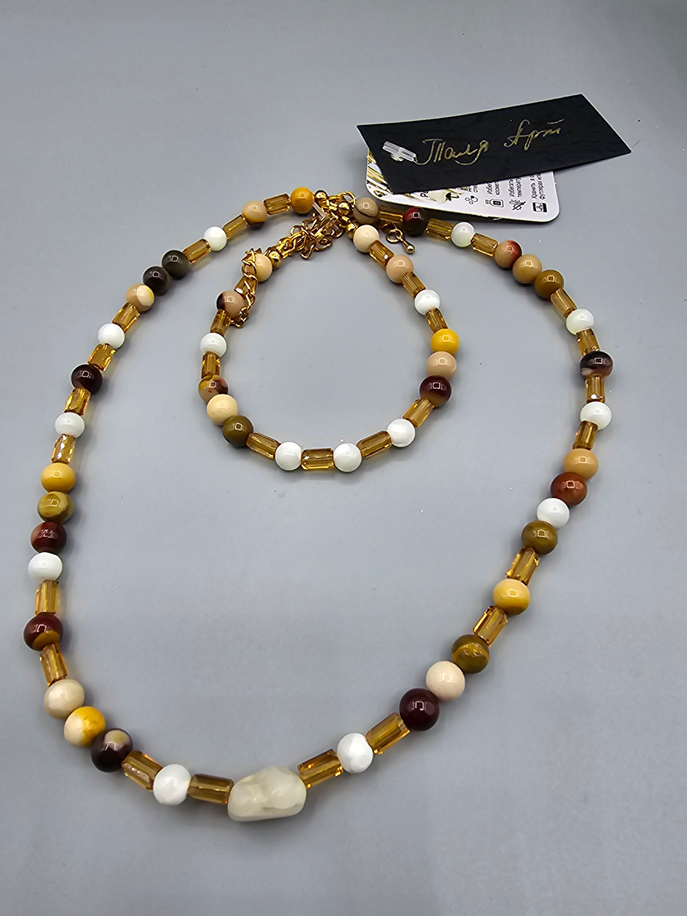 Комплект украшений авторский из натуральных камней. Колье и браслет Повседневный. Бижутерия на шею, на руку для женщин, девушек. Летнее женское украшение