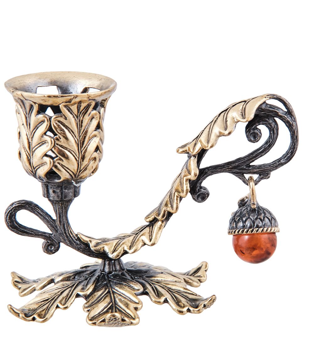 Народные промыслы AM-3986 Подсвечник «Дубовая веточка» (латунь, янтарь)