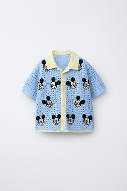ZARA РУБАШКА-ПОЛО ИЗ ВЯЗАНОГО КРЮЧКОМ ПОЛОТНА С ПРИНТОМ MICKEY MOUSE © DISNEY, ГОЛУБОЙ