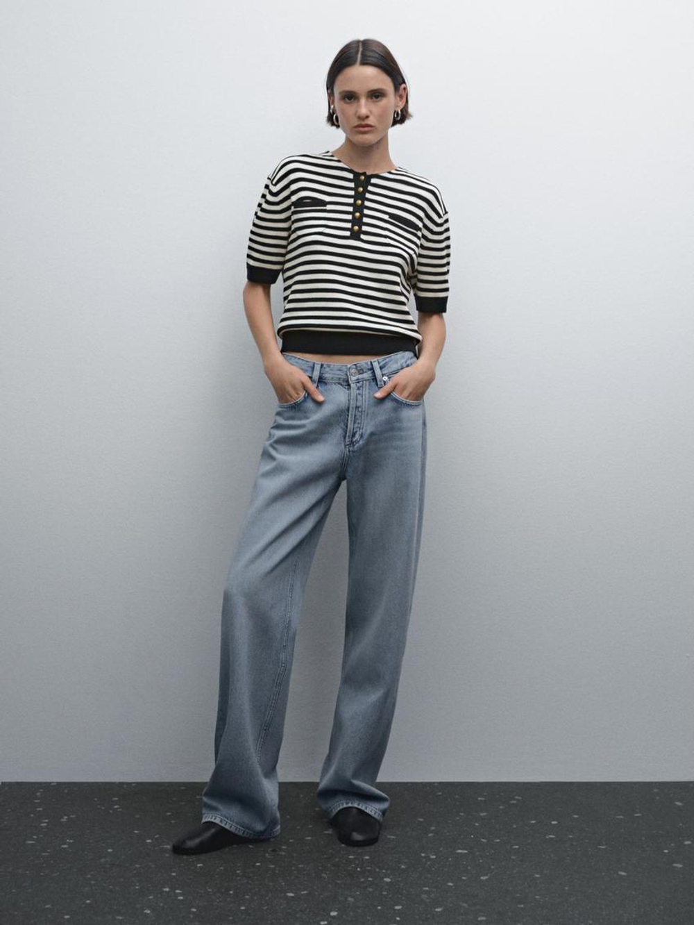 Massimo Dutti Свитер в полоску с короткими рукавами, темно-синий