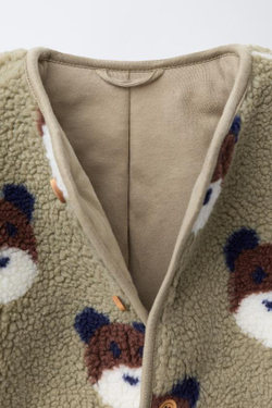 ZARA КУРТКА ИЗ ИСКУССТВЕННОЙ ОВЧИНЫ С МИШКАМИ, ШАЛФЕЙНЫЙ