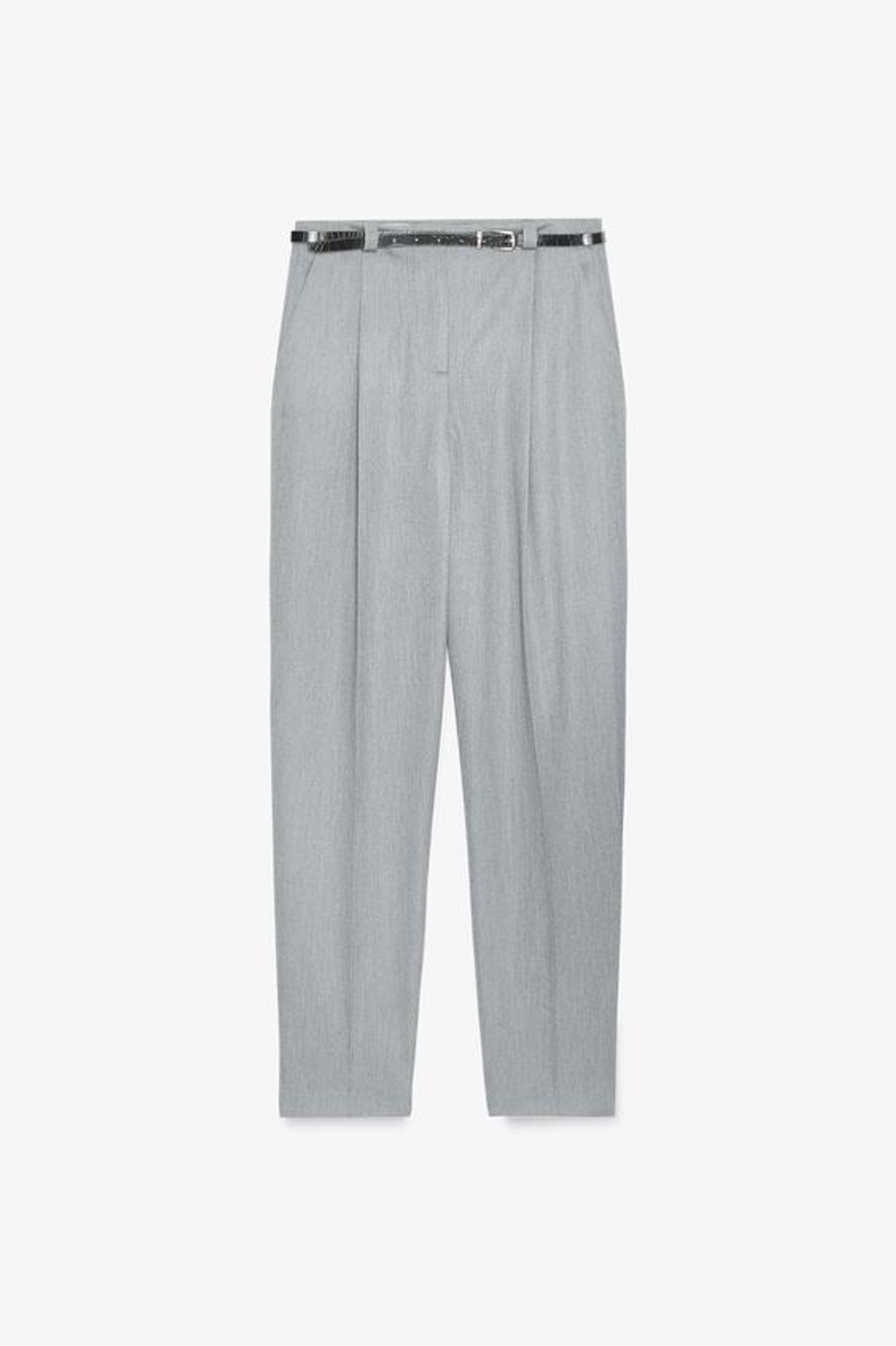ZARA БРЮКИ С ЗАЩИПАМИ И РЕМНЕМ, СВЕТЛО-СЕРЫЙ