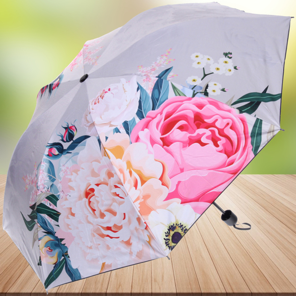 Зонт механический ветроустойчивый, матовая ручка «BESTzontik» цветы на сером, длина 25см, d-110см