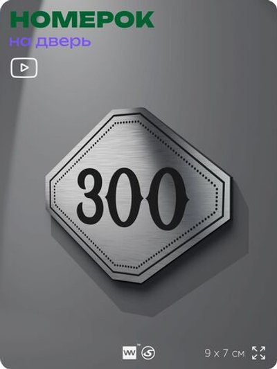 Номерок на дверь квартиры 300, для кабинета, офиса, шильдик 9 х 7 см, серебристый, Айдентика Технолоджи