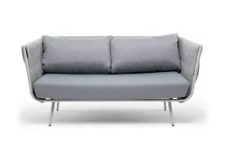 "Монако" диван 2-местный плетеный из роупа, каркас алюминий светло-серый (RAL7035) муар, роуп светло-серый 40 мм, ткань светло-серая