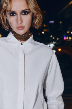 ZARA РУБАШКА ИЗ ПОПЛИНА С БУСИНАМИ НА ПЛАНКЕ, БЕЛЫЙ